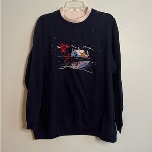 Vintage 90s Embroidered Winter Graphic Navy Sweater Crewneck (XL)